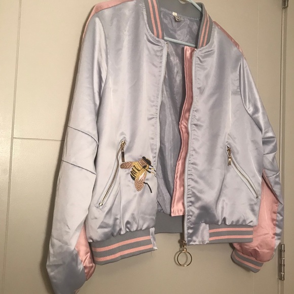 Unique Embroidered Bumblebee Satin Bomber Jacket - Picture 5 of 16